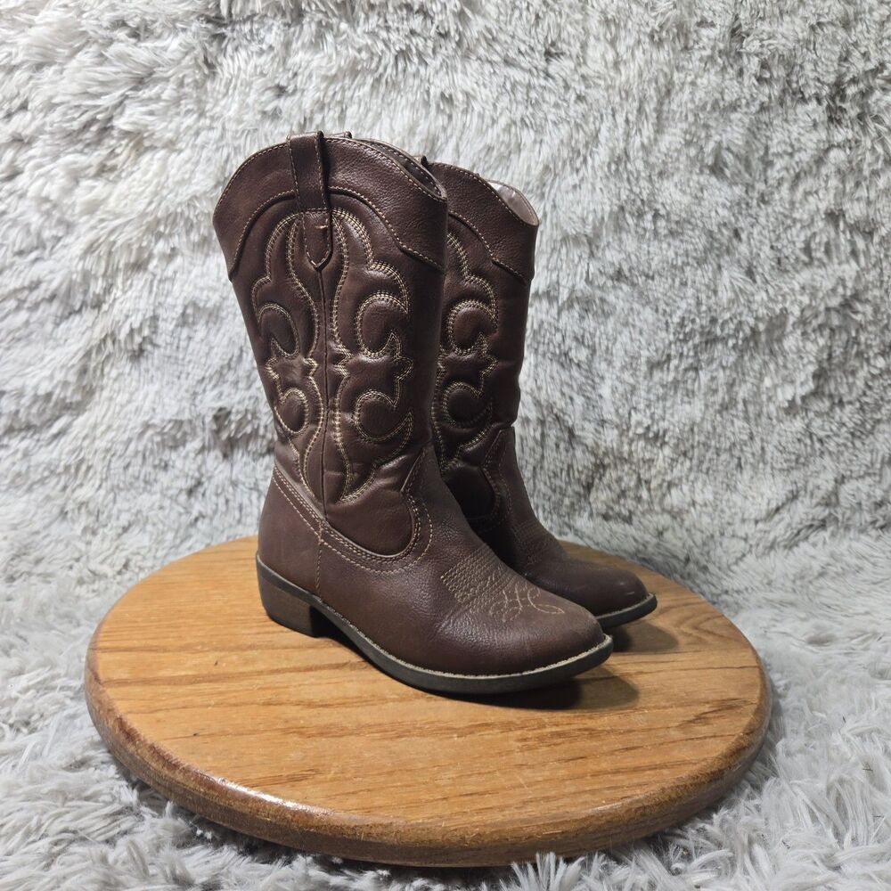 Cat and Jack Montana Girls Western Boot Brown Faux Leather Side Zip Kids Size 13